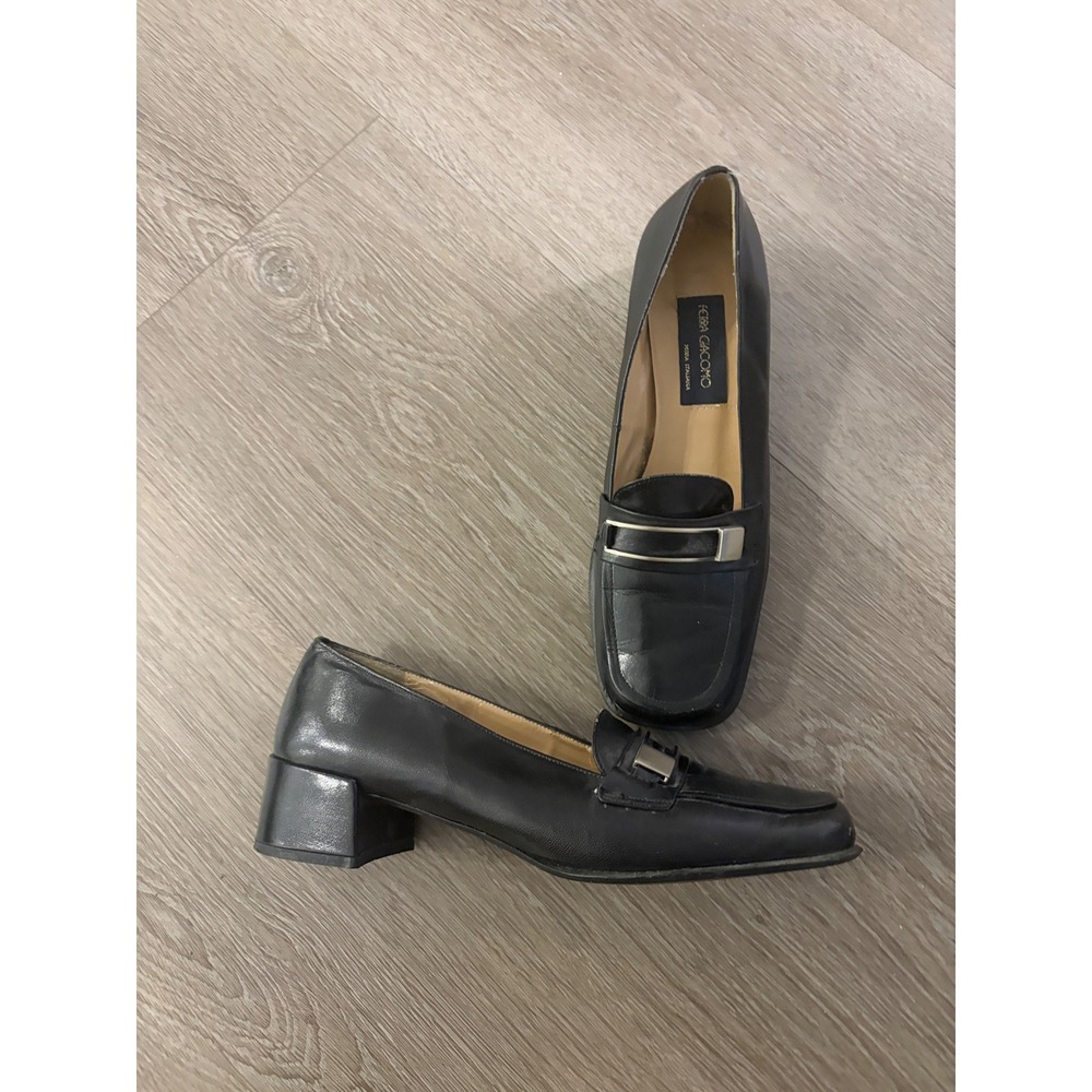 Ferra Giacomo Black Leather Square Toe Block Heel Loafers Silver Hardware 6.5